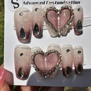 Pink and Cream Press-On Nails with Glitter and Rhinestones